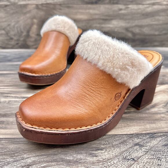 NIB Born Hope 8M Shearling-Lined Open Back Heeled Leather Clogs Brown Tan - Picture 3 of 11